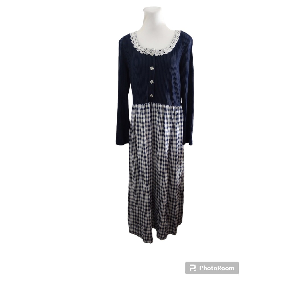 VTG 80s Classic Ms Conduct Plaid dress Lace Neckline cottagecore Boho pearl USA